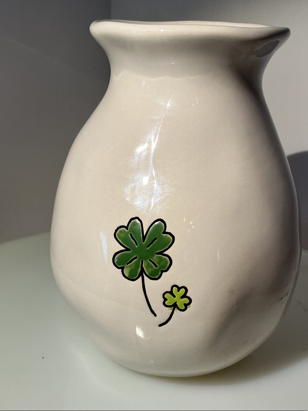 Rae Dunn “Lucky” Cream Ceramic Vase with Green Shamrock Design